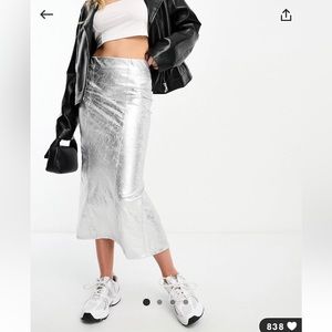 Bershka Metallic Midi Skirt in Silver